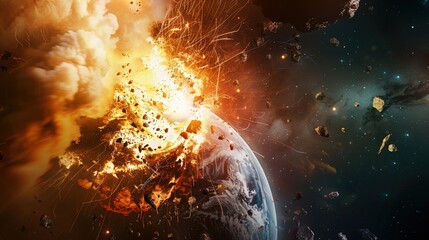 Fiery Planetary Explosion in Space with Debris and Glowing Fractures: Apocalyptic Sci-Fi Cosmic Catastrophe Scene