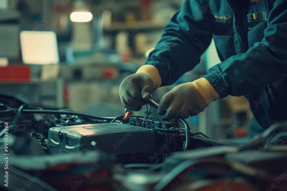 Poster a mechanic working on a vehicle's engine with tools in a workshop setting.