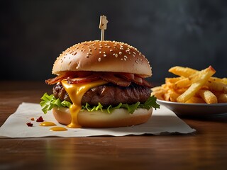 Juicy cheeseburger with melted cheddar, crispy bacon, and a brioche bun