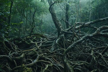 Dense, tangled roots interweave beneath the canopy of an ancient forest, capturing the essence of natures untouched beauty in the early morning light