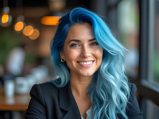 Obraz premium Inclusive candid photo of a lesbian businesswoman with blue hair gazing out of an office window. Highlighting the success of LGBTQ+ female entrepreneurs and the importance of diversity, equity, inclus