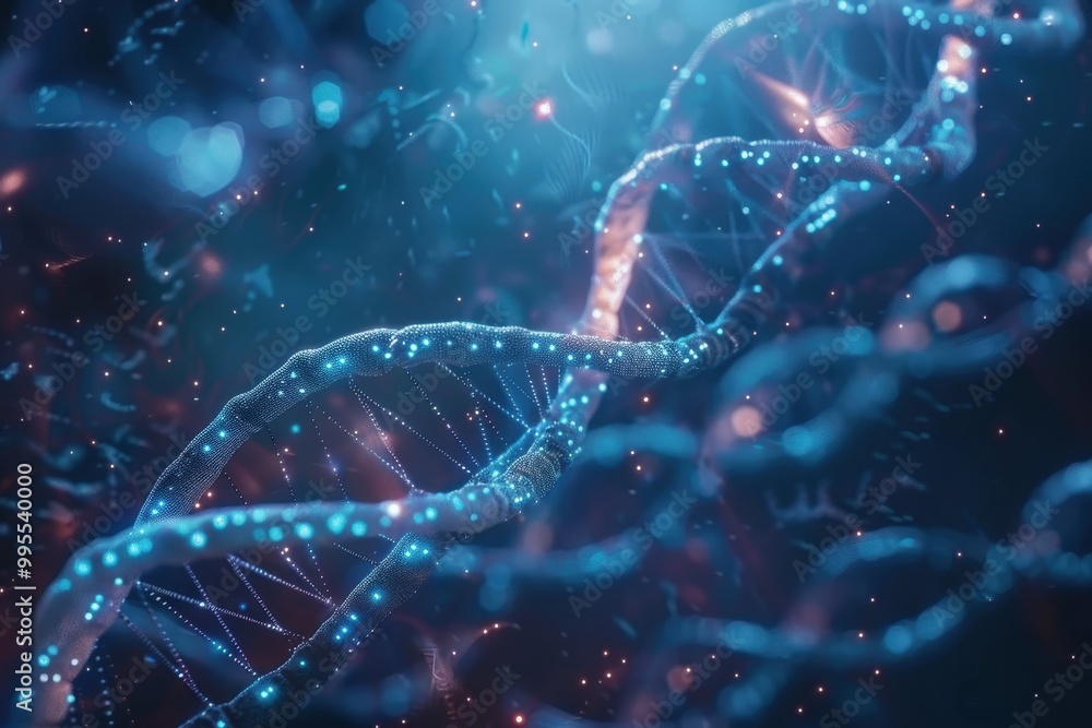 Poster exploring the intricacies of dna structure illuminated by cosmic light effects in a digital illustra