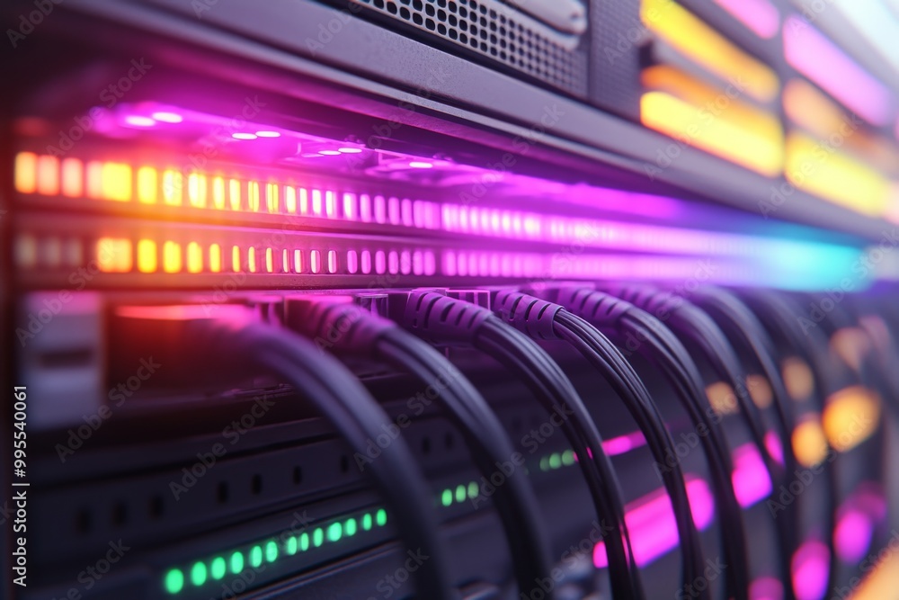 Poster abstract view of glowing fiber optic cables running through a server room symbolizing advanced data 