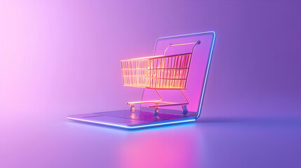 3D Floating Laptop with Holographic Shopping Cart and Cyber Monday Sale Banner - Modern Tech Shopping Theme Design on White Background