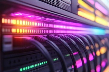 Naklejka premium Abstract view of glowing fiber optic cables running through a server room symbolizing advanced data transmission and cutting edge network infrastructure