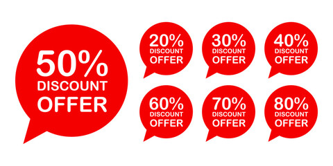 Sale discounts label starting from 20, 30, 40, 50, 60, 70, 80 percent. Trendy red sales promotion banner element. Vector illustration