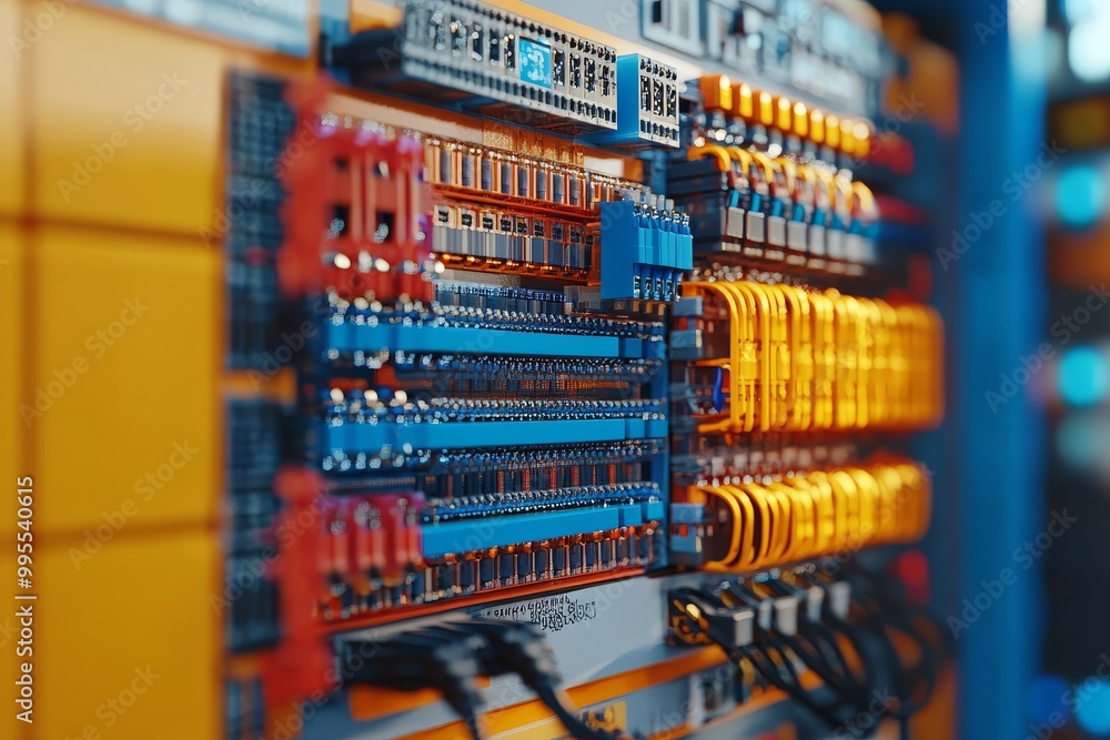 Poster glowing orange fiber optic cables running through a high tech server rack symbolizing high speed dat