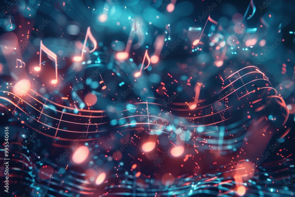 Poster Colorful musical notes create a vibrant atmosphere in a dynamic display of sound waves and lights during an evening music event
