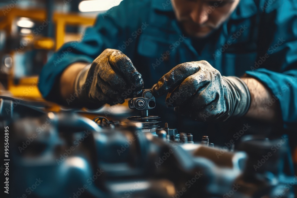 Poster a mechanic works on an engine component, showcasing precision and technical skill.
