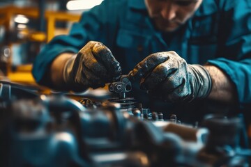 A mechanic works on an engine component, showcasing precision and technical skill.
