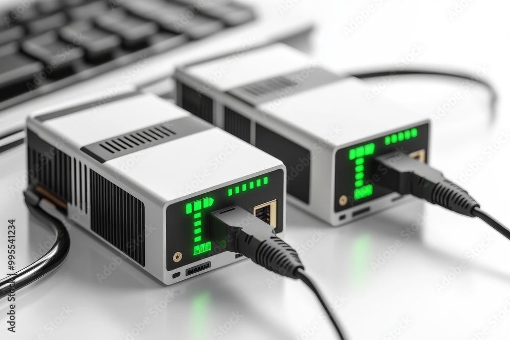 Aufkleber two compact network devices with ethernet cables showcasing modern digital connectivity solutions fo