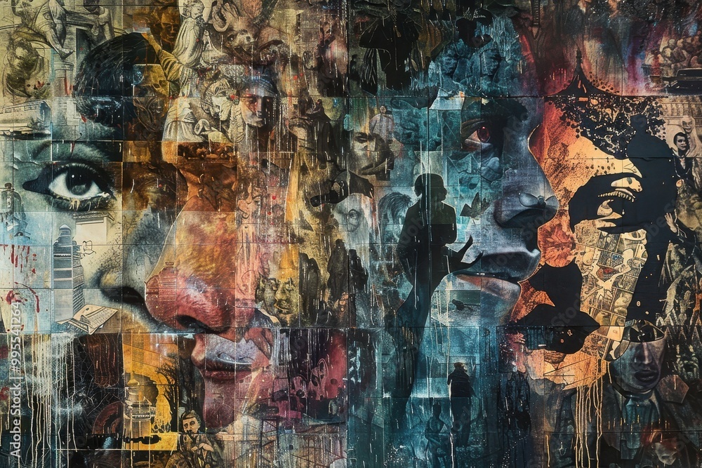 Poster an intricate mural showcasing diverse human expressions in vibrant colors, located in an urban setti