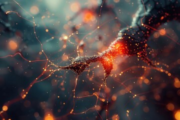 Abstract representation of neural connections illustrating synapse activity with glowing neurons in a dark environment