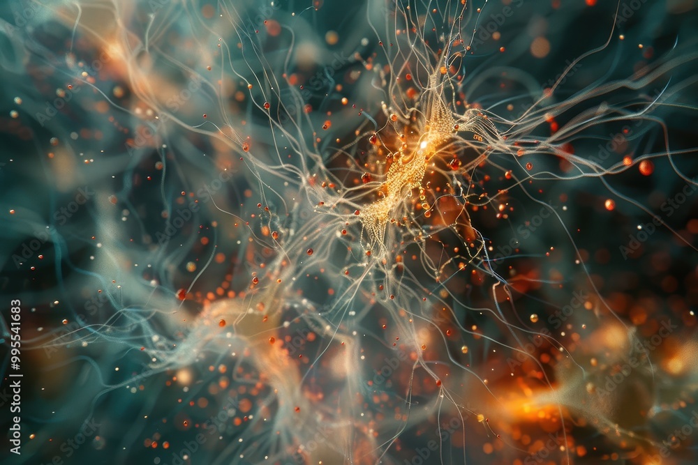Poster abstract representation of neural connections illustrating synapse activity with glowing neurons in 