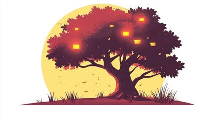 Obraz premium Silhouette of a Tree with Lanterns at Dusk