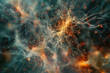 Abstract representation of neural connections illustrating synapse activity with glowing neurons in a dark environment