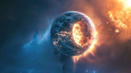 Obraz premium Fiery Planetary Explosion in Space with Debris and Glowing Fractures: Apocalyptic Sci-Fi Cosmic Catastrophe Scene