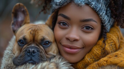Woman bundled in winter clothes holding French Bulldog. Young woman in a knitted scarf and hat cuddles her French Bulldog, both wrapped warmly for winter weather.
