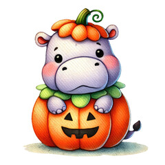 watercolor Hippopotamus halloween clipart,  Perfect for festive designs, social media, and spooky fun, cute baby hippo halloween cartoon set.