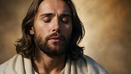 Serene Jesus Portrait: A contemplative depiction of Jesus Christ, eyes closed in peaceful prayer, evokes spirituality and inner peace.  The warm, earthy tones enhance the image's meditative quality. 