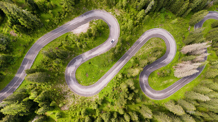A snake road in Passo Giau, in dolomites region.
