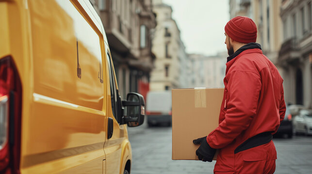 Packet Zusteller der Post beim Ausliefern in der Stadt
