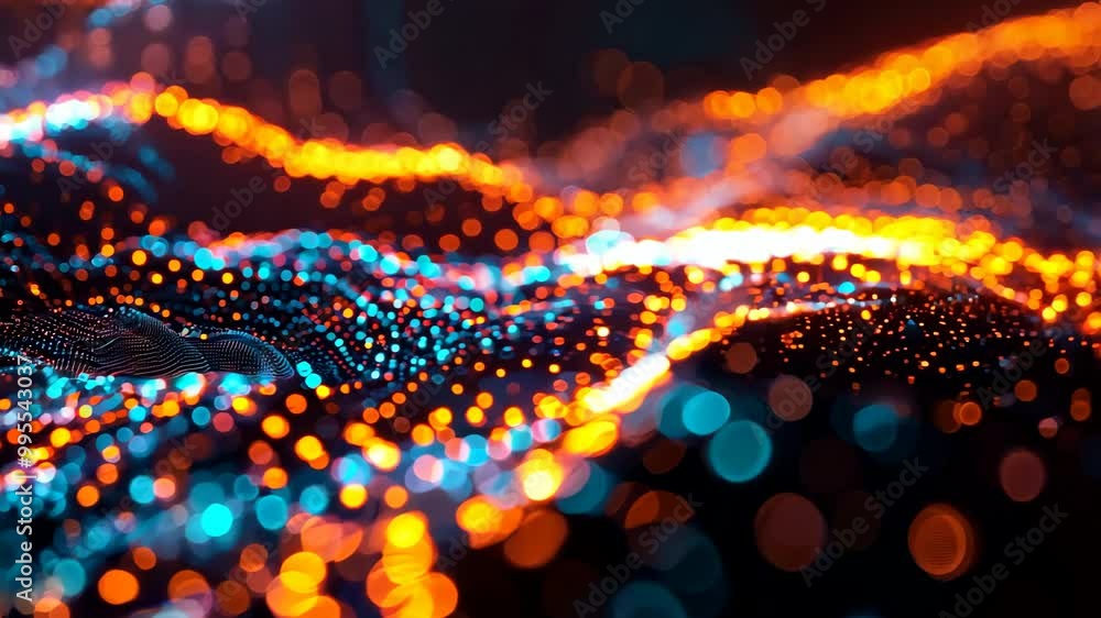 Poster a computer generated image of a wave with orange and blue lights. the image has a futuristic and abs