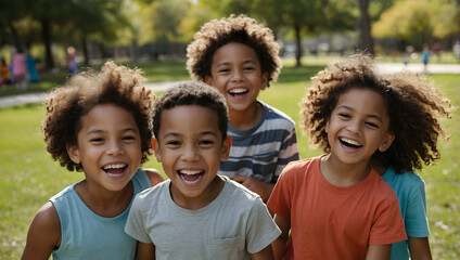 Joyful Kids in the Park: Four adorable children with delightful smiles and curly hair, enjoying a sunny day outdoors. Pure, unadulterated happiness captured in a heartwarming moment.