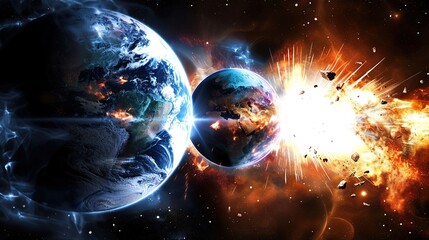 Fototapeta premium Fiery Planetary Explosion in Space with Debris and Glowing Fractures: Apocalyptic Sci-Fi Cosmic Catastrophe Scene