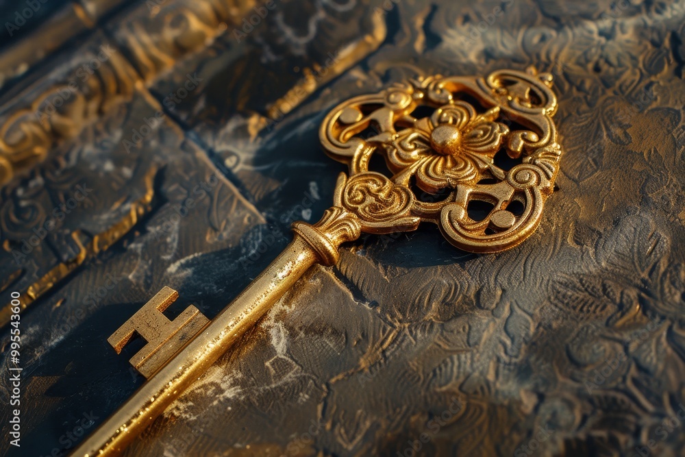 Poster an ornate golden key resting atop an intricately designed metallic surface, showcasing detailed craf