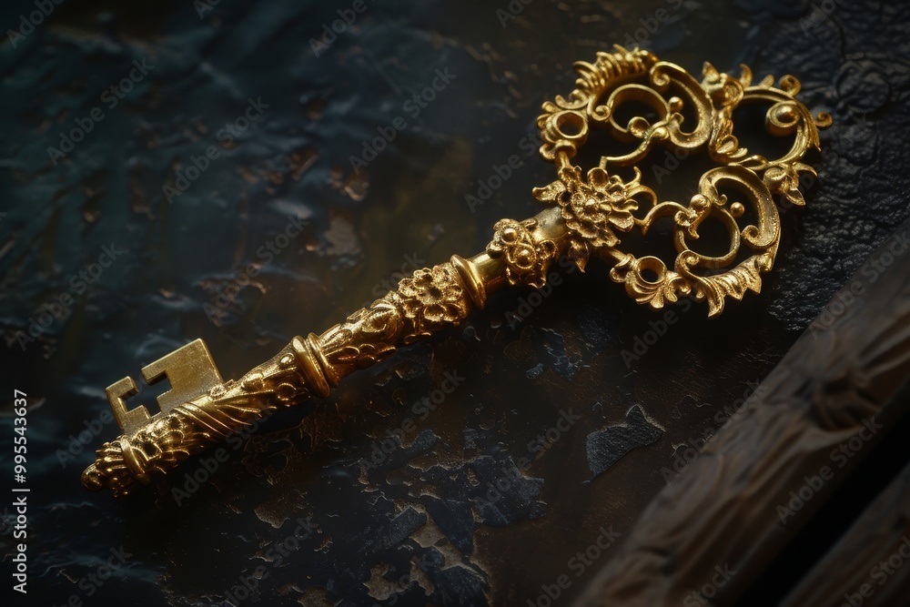 Poster an ornate golden key resting atop an intricately designed metallic surface, showcasing detailed craf