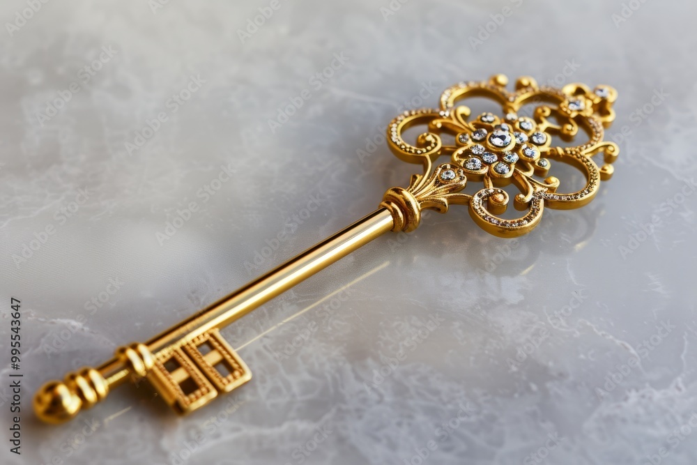 Poster an ornate golden key resting atop an intricately designed metallic surface, showcasing detailed craf