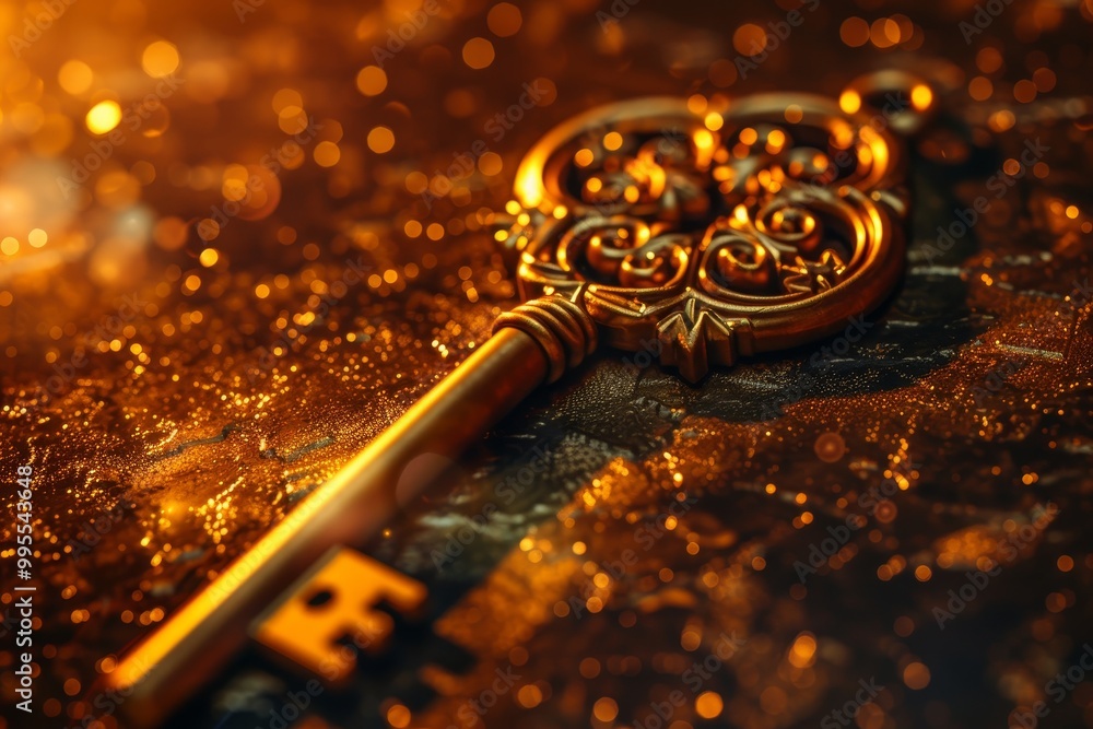 Poster an ornate golden key resting atop an intricately designed metallic surface, showcasing detailed craf