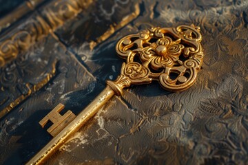 An ornate golden key resting atop an intricately designed metallic surface, showcasing detailed craftsmanship and artistic elements under soft lighting
