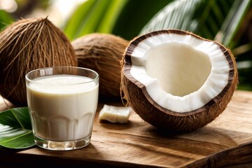 Close-up glass of fresh coconut milk with coconut in background. Generative AI