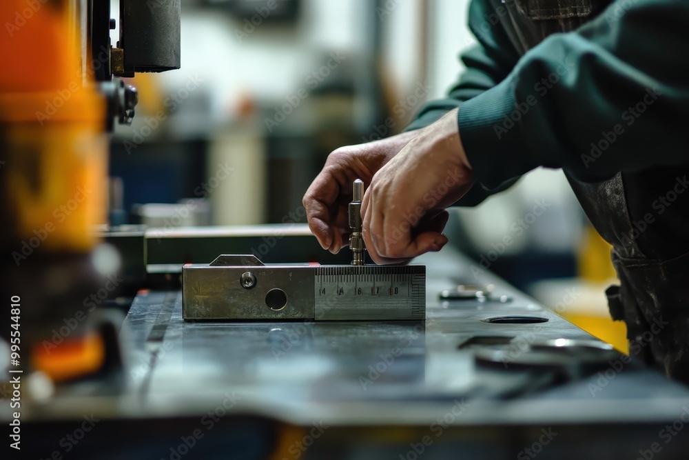 Aufkleber a person adjusting a tool on a workbench in a workshop setting.