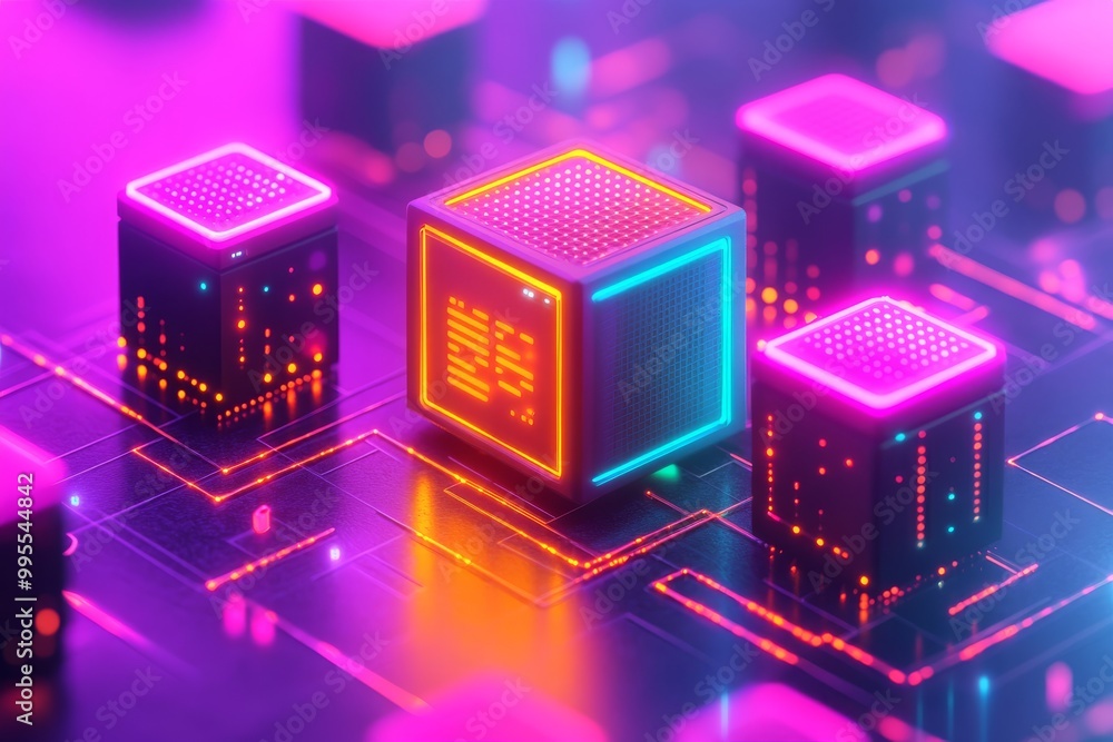 Poster abstract 3d illustration of glowing neon microchips and circuit boards representing futuristic data 