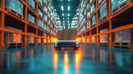 AGV transporting goods in a large warehouse. Automated Guided Vehicle (AGV) carries goods through a large, automated warehouse with shelves full of inventory, emphasizing the future of logistics.