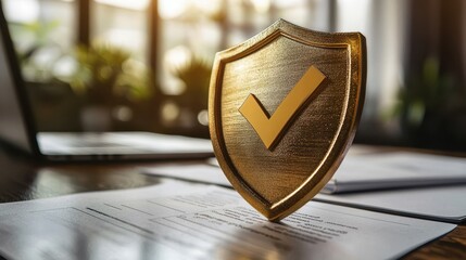 Assurance in Business Contracts - Golden Shield and Checkmark with Documents and Laptop on Desk