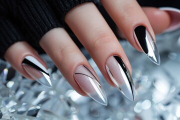 Elegant black and silver manicure featuring long stiletto nails with geometric designs against a sparkling background