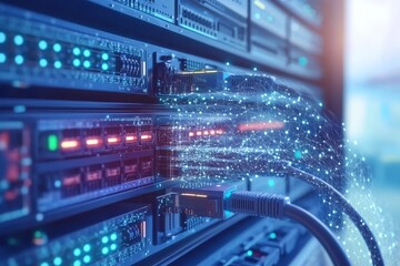 Fototapeta premium Data center with colorful glowing cables connected to racks representing organized data transmission and efficient network management