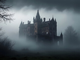 Obraz premium Mysterious Gothic Castle Shrouded in Fog, Eerie and Atmospheric