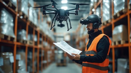 Warehouse worker uses augmented reality equipment to control a drone for inventory management, demonstrating advanced logistics technologies in action.
