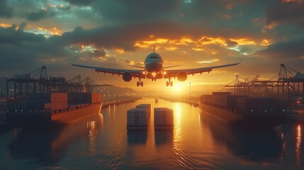 Naklejka premium Airplane landing over cargo ships at shipping port. Airplane descends over a busy port with cargo ships loaded with containers, illustrating the integration of air and sea logistics in global trade.