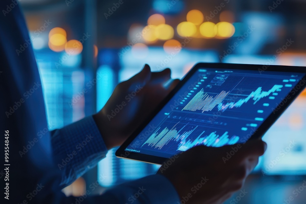 Poster a person analyzing data on a tablet in a modern business environment.