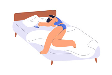 Fototapeta premium Woman lying in bed, waking up in morning with smartphone. Happy girl sleeping with mobile phone. Female character asleep with device, wakeup time. Flat vector illustration isolated on white background