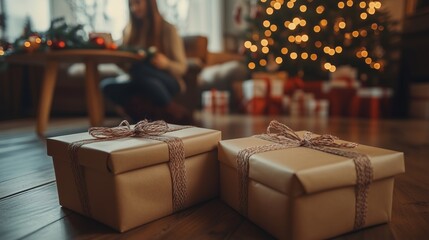 Fototapeta premium Gift boxes in cozy holiday setting. Gift boxes tied with twine are placed in a cozy holiday setting, symbolizing the role of logistics and e-commerce in the busy holiday season for global deliveries.