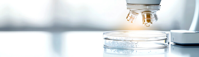 Close-up of a microscope with a petri dish, showcasing a laboratory environment with a bright light, emphasizing scientific research and experimentation.