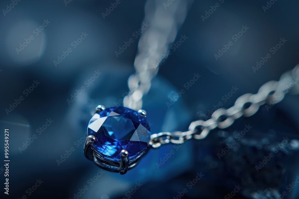 Wall mural a close-up view of a sparkling blue gemstone necklace resting on dark stone surfaces with a soft blu