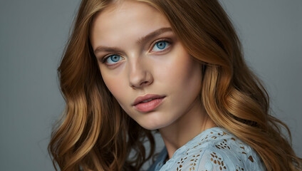 Fototapeta premium Captivating Gaze: A woman with long, flowing auburn hair and striking blue eyes gazes directly at the viewer, her captivating expression hinting at both confidence and vulnerability.